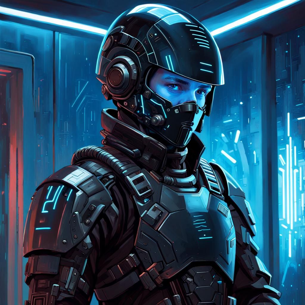 Cyberpunk Soldier in Noir Lit Hotel Room