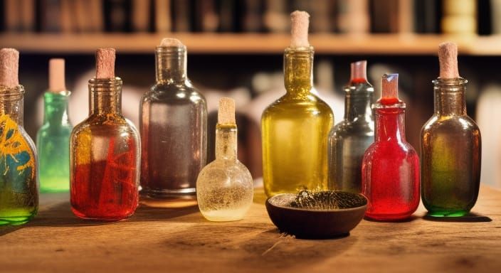 Glowing Potions on a Witch's Table: Dark Fantasy Art