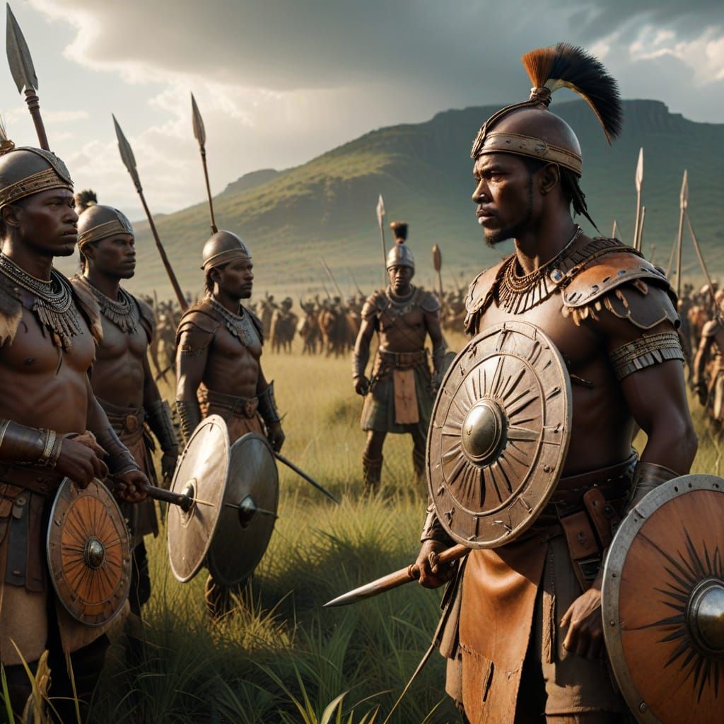 Zulu Warriors Training on Savanna in Dramatic Sunlight