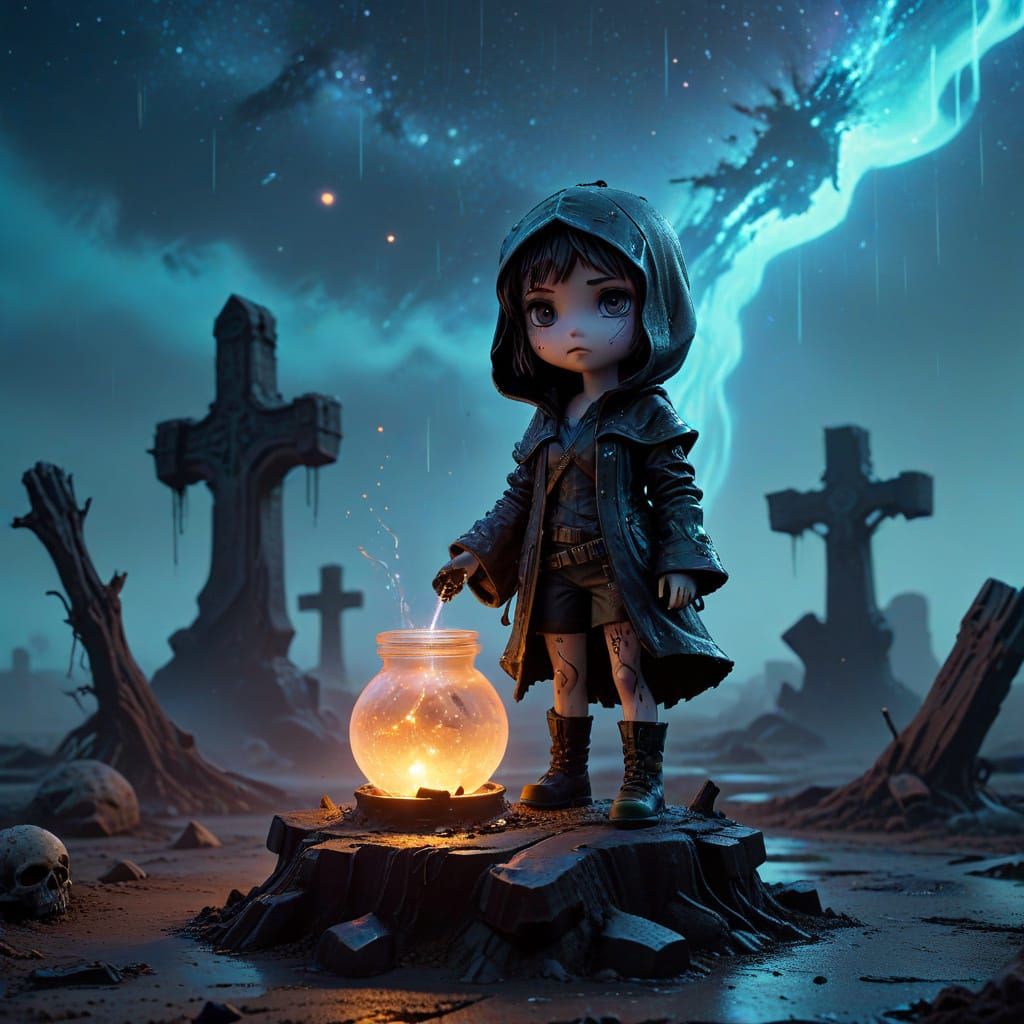 Chibi Witch in Post-Apocalyptic Graveyard
