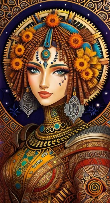 Robot Goddess with Geometric Zentangle Patterns