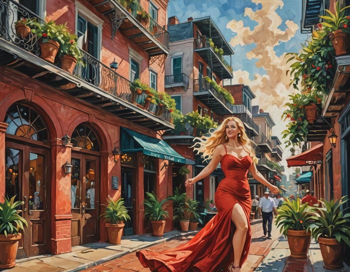 Woman Dancing in French Quarter: Neo-Impressionist Oil Paint...