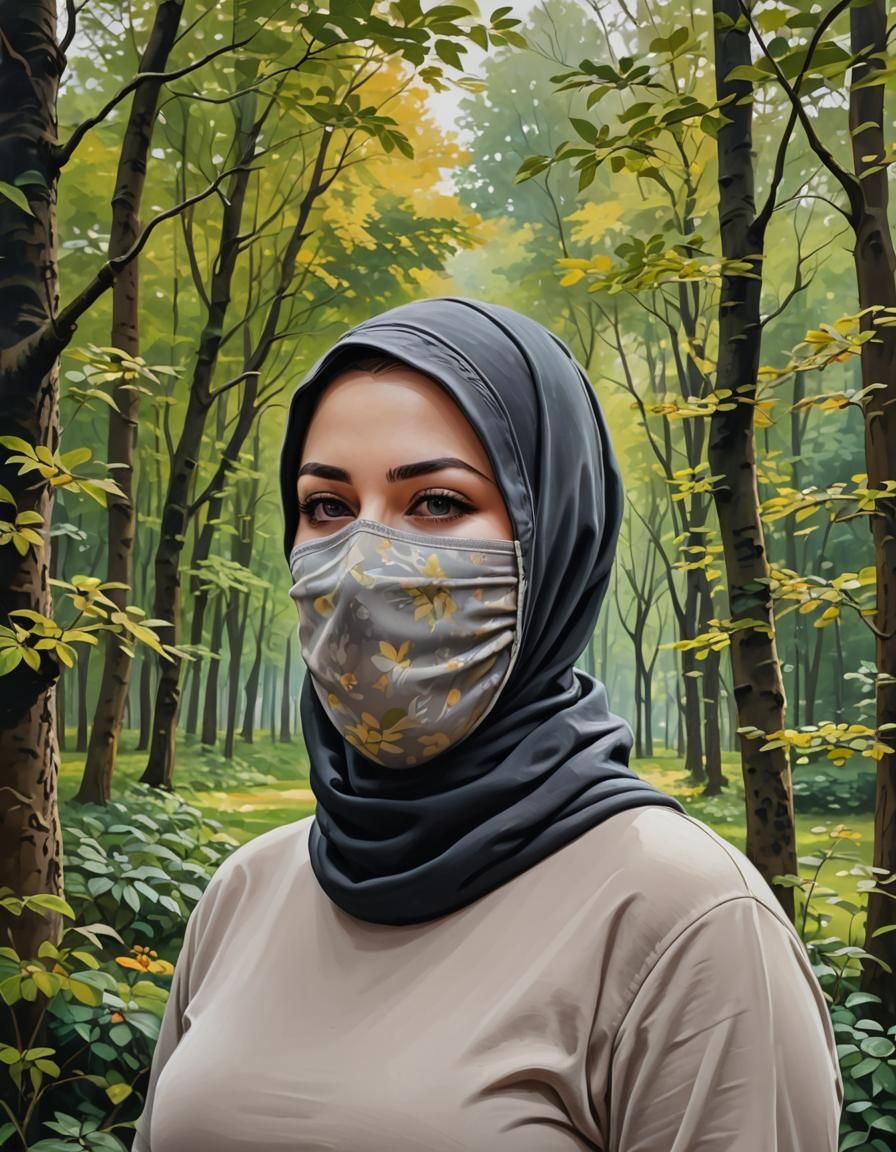 European Woman with Hijab in Forest Garden