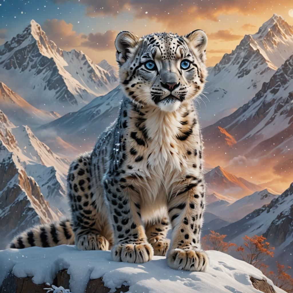 Snow Leopard Cub on Snowy Peak: Fantasy Art