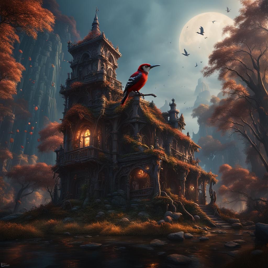 Woodpecker in Fantastical Landscape: Detailed Matte Painting