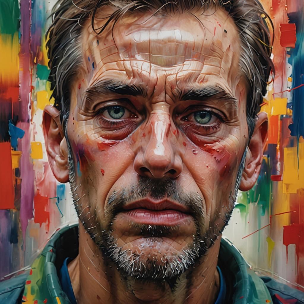 Man's Grief: A Hyperrealistic Portrait in Richter Style