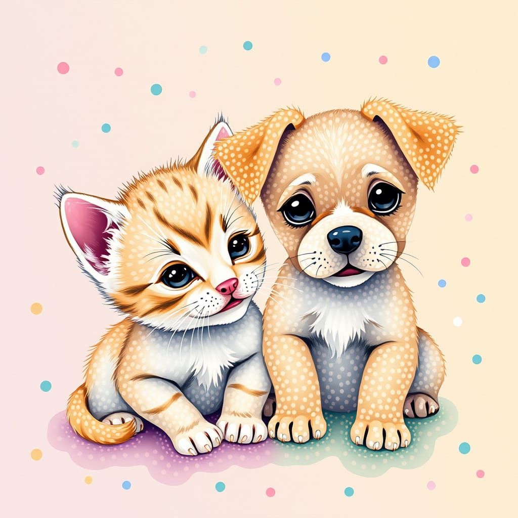 Playful Kitten and Puppy in Pointillist Polka Dots