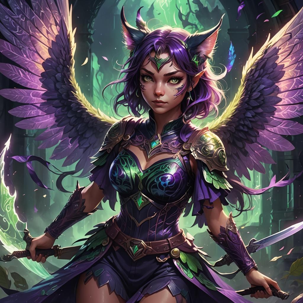 Winged Catgirl with Ethereal Knife, Fantasy Art