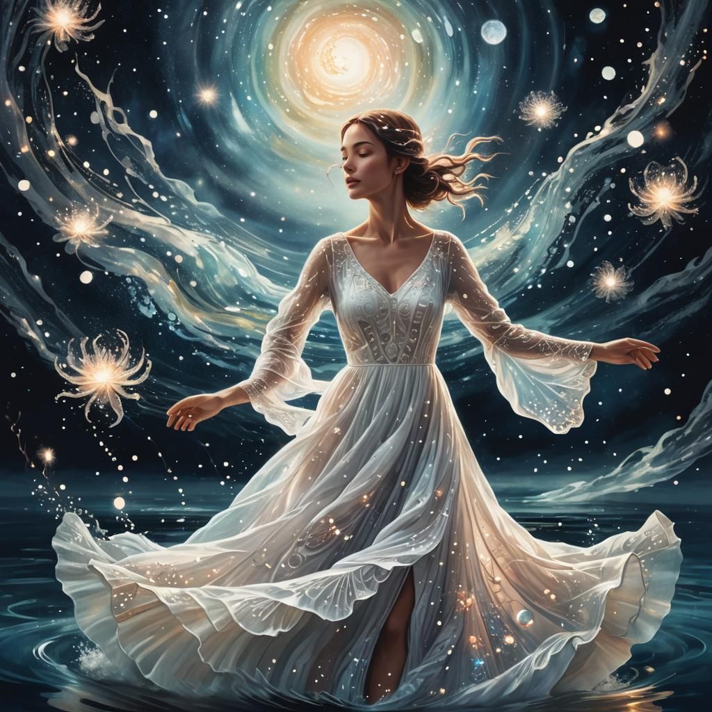Cosmic Woman Dancing on Water in Visionary Art