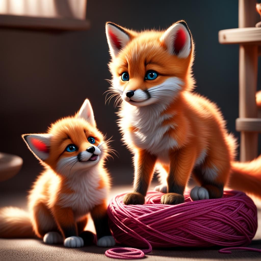 Adorable Baby Fox and Kitten Play, Photorealistic CGI