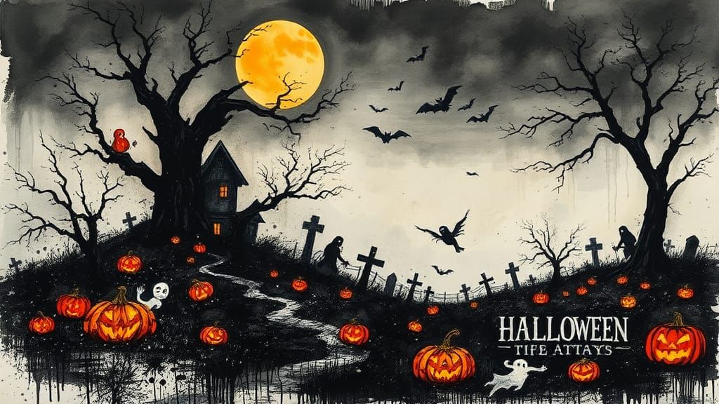 Halloween Landscape in Ink Splatter Style