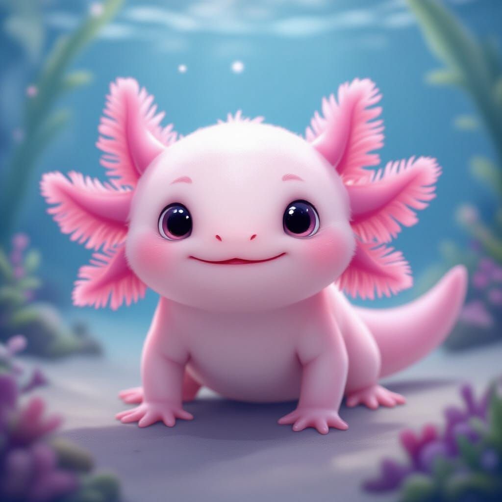 Cute CGI Axolotl with Big Eyes in Underwater Scene