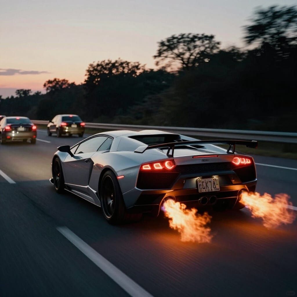 Lamborghini LP640 Spewing Flames in Cinematic Dusk Freeway S...