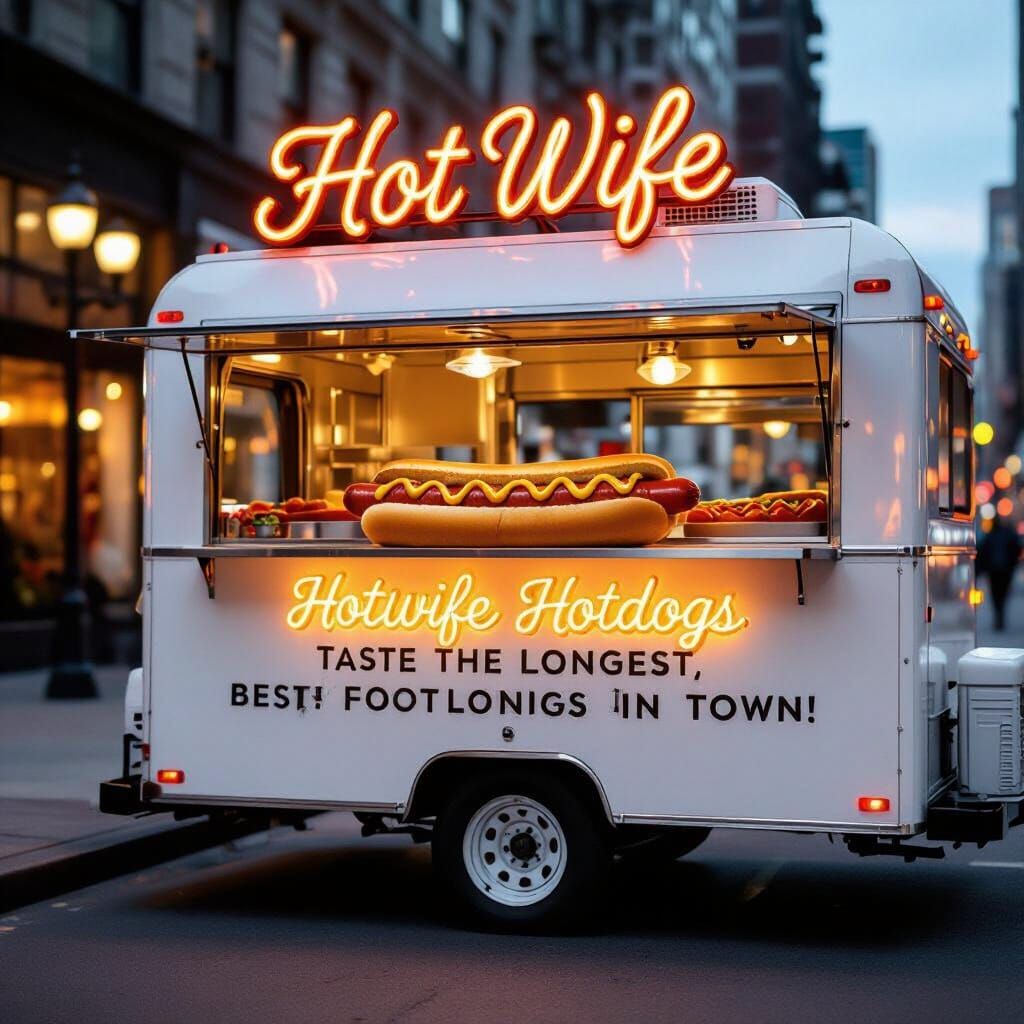 Classy Hotdog Food Truck 'Hotwife Hotdogs' with Neon Slogan