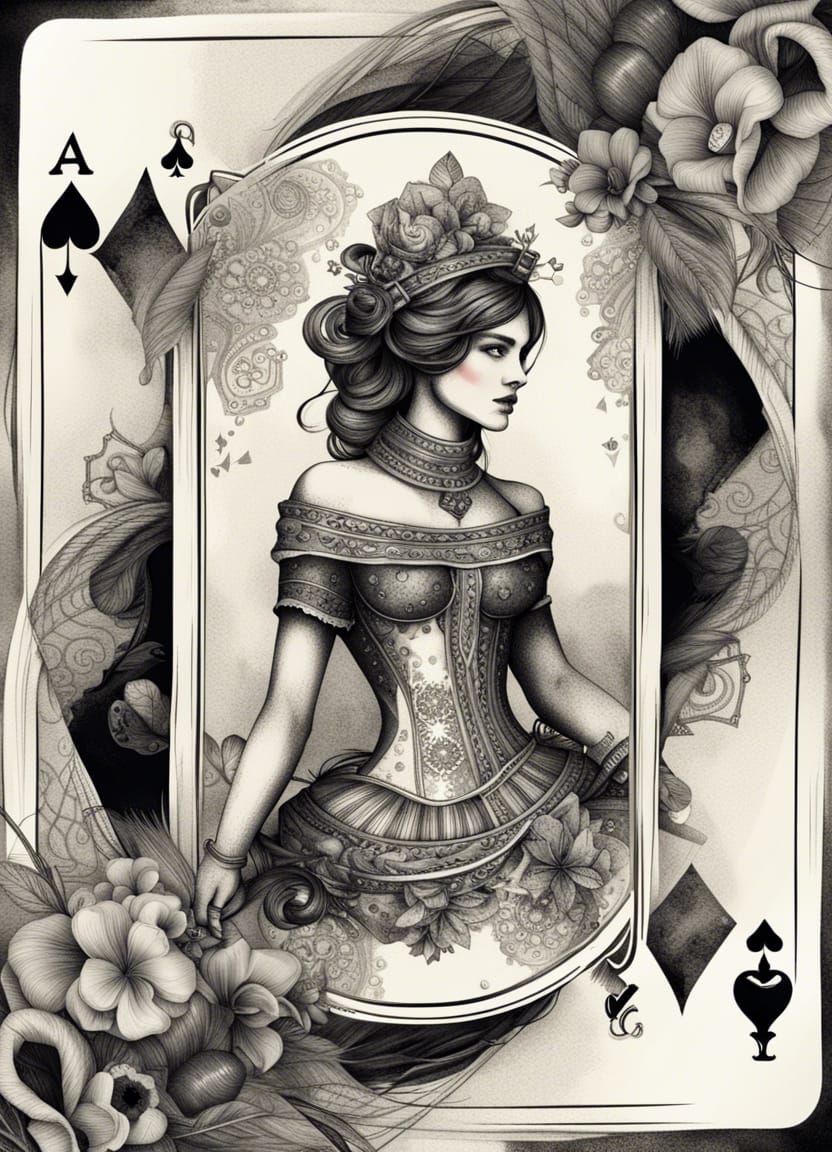 Detailed Queen of Spades Ink Drawing