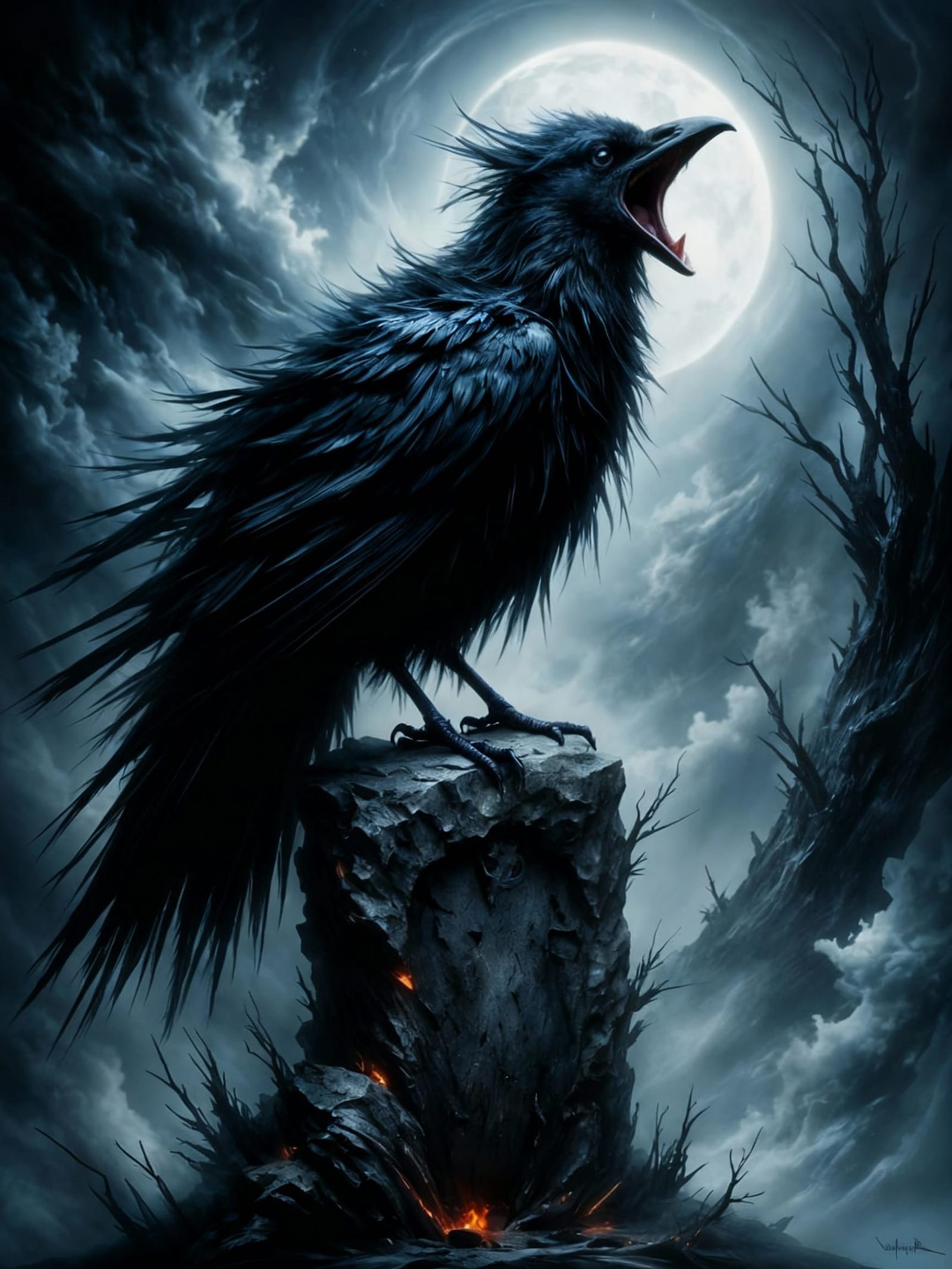 Mystical Raven on Gravestone in Gothic Style