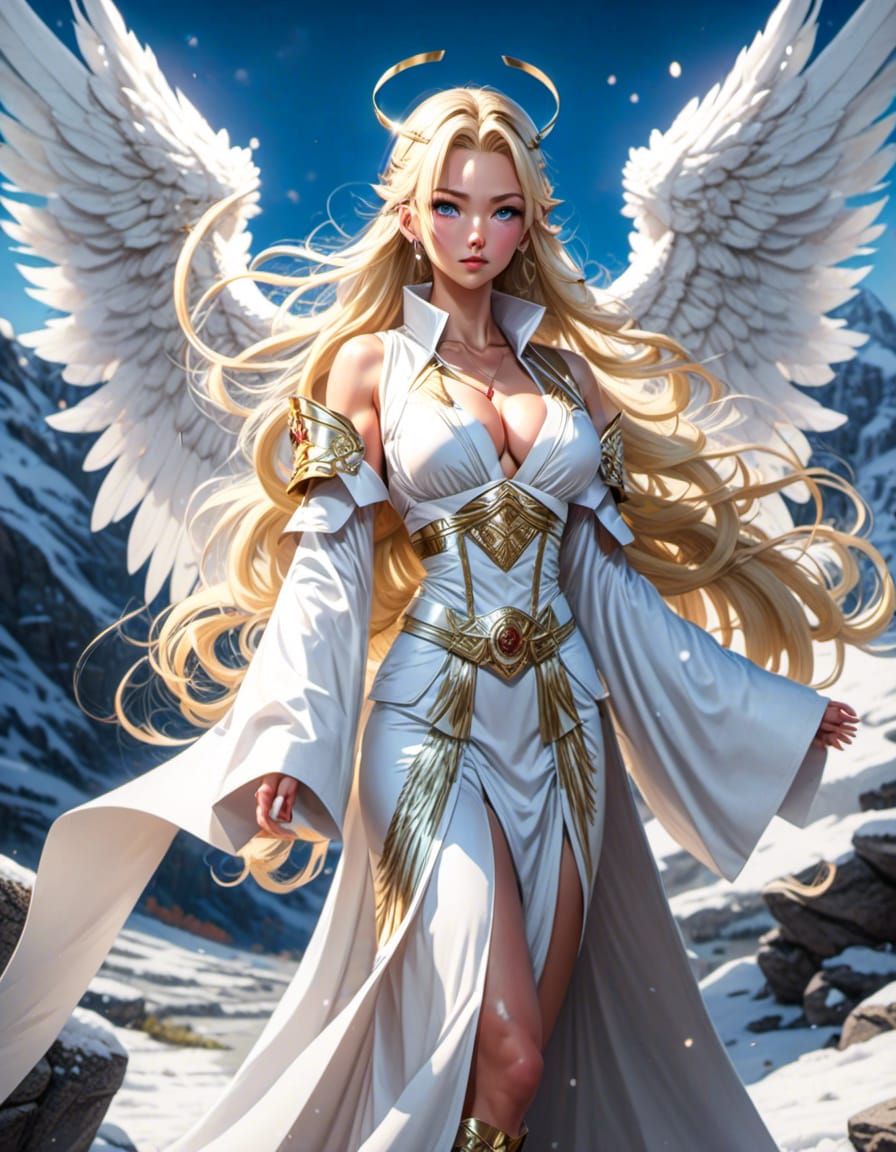 Angel with Blonde Hair in Snowy Mountains