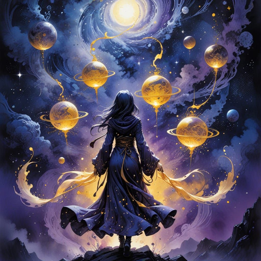 Ethereal Girl and Cat in Cosmic Ink Wash Painting