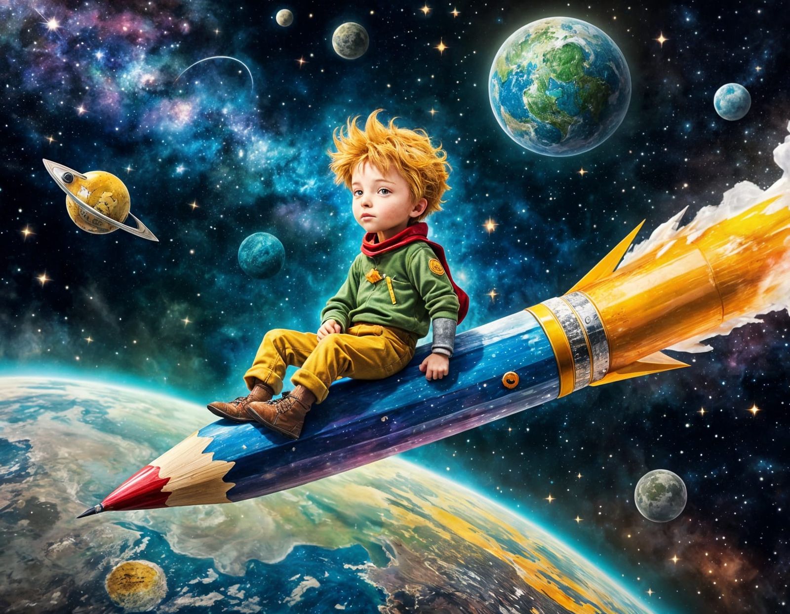 The Little Prince on a Pencil Rocket in Cosmic Style