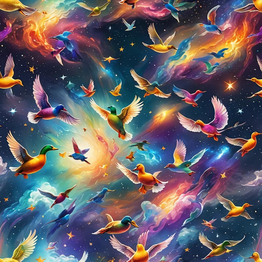 Rainbow Glass Ducks in Cosmic Astral Illustration