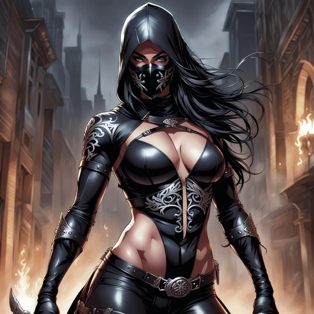 Female Assassin in Black Metal Comic Book Style
