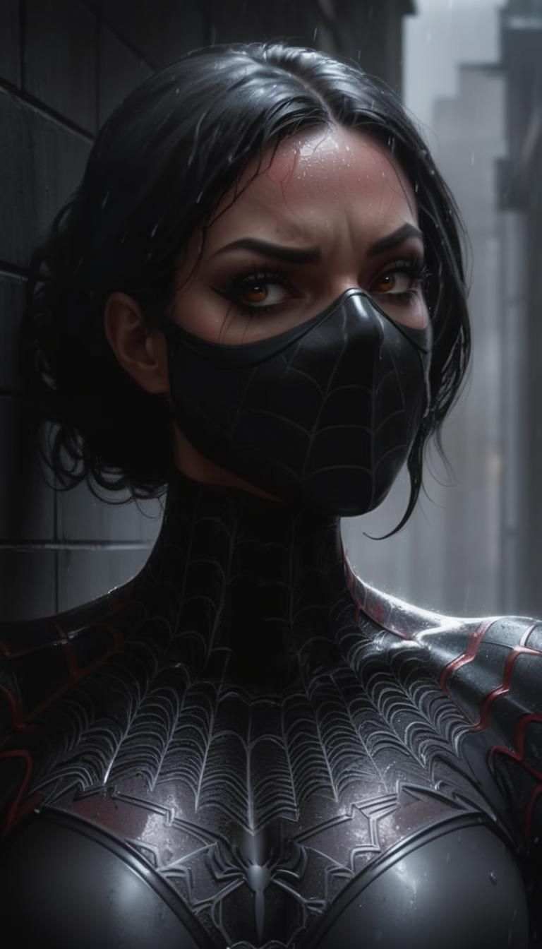 Spiderwoman in Rainy Alleyway: Modern Comic Art