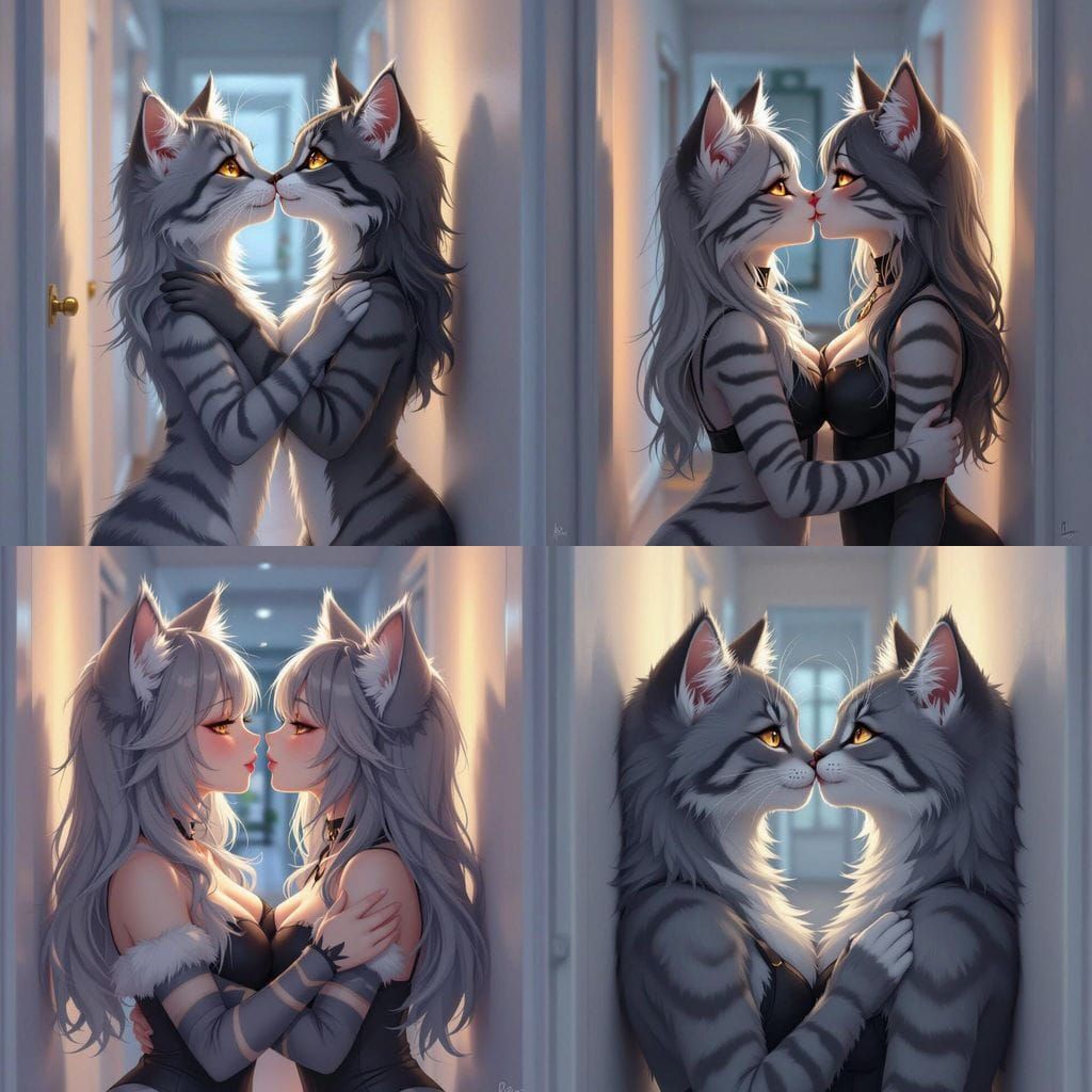 Two Catgirls Kissing in Hallway Digital Painting