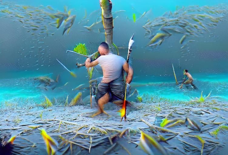 Man spear fishing for fish under water 8K 3D 8k resolution