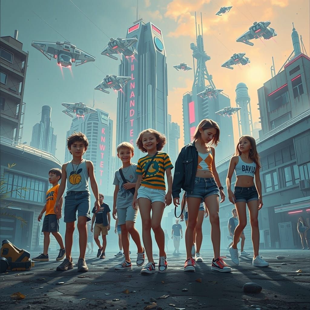 Retro-Futuristic Kids in a Cyberpunk Summer Paradise