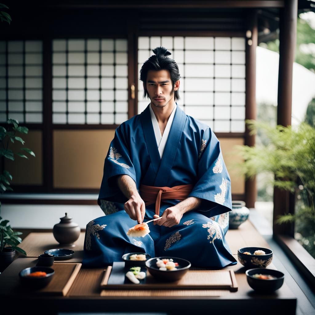 Handsome Man with Dragon Eating Sushi, Professional Photogra...