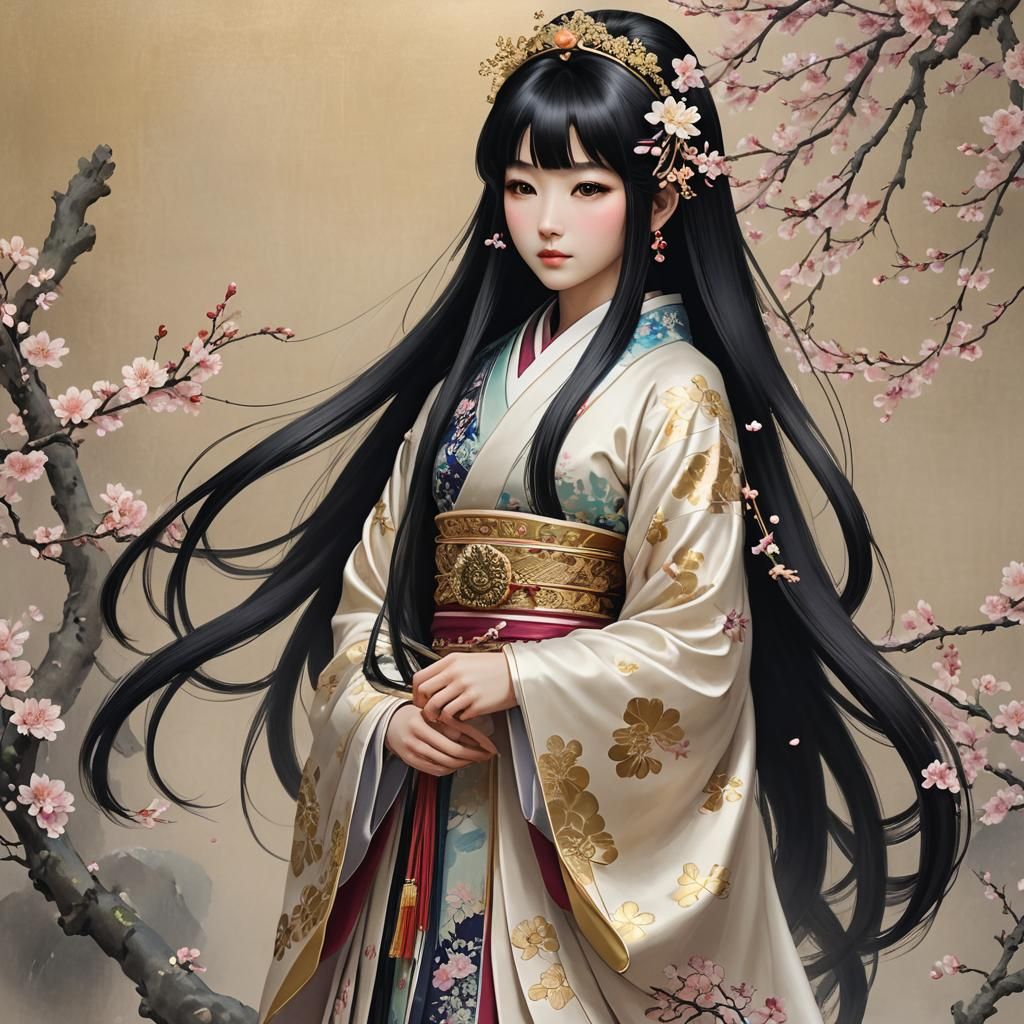 Japanese Deity in Plum Blossom Costume: Digital Art