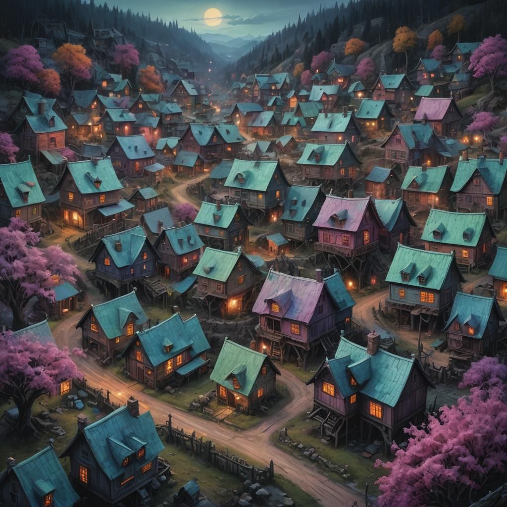 Creepy Village in Dark Fantasy Oil Painting