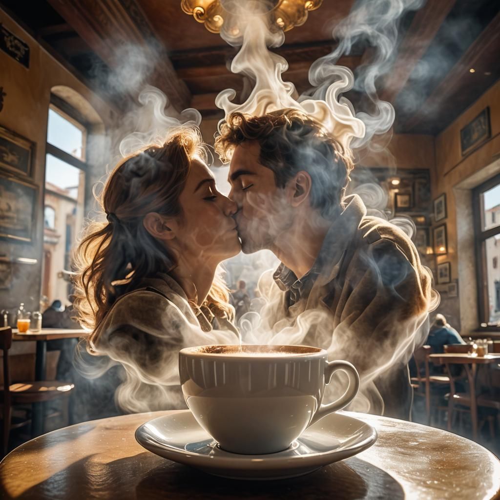 Coffee Steam Kiss in Venice: Photorealistic Cafe Scene