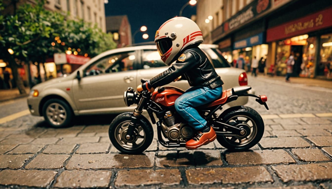 Miniature Biker Cruises on Cinematic Toy Street