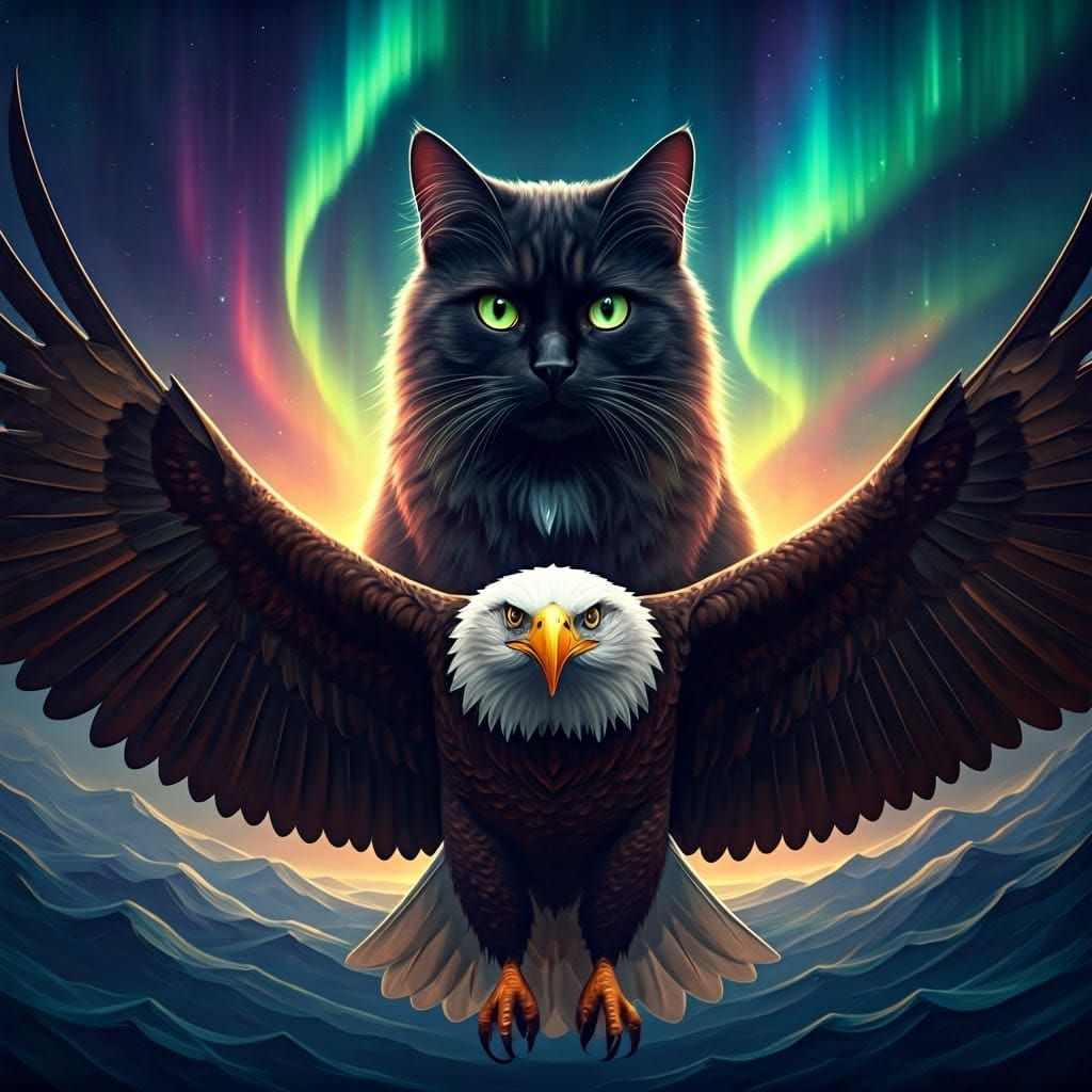 Regal Black Cat Soars on Bald Eagle Amidst Whimsical Lights ...