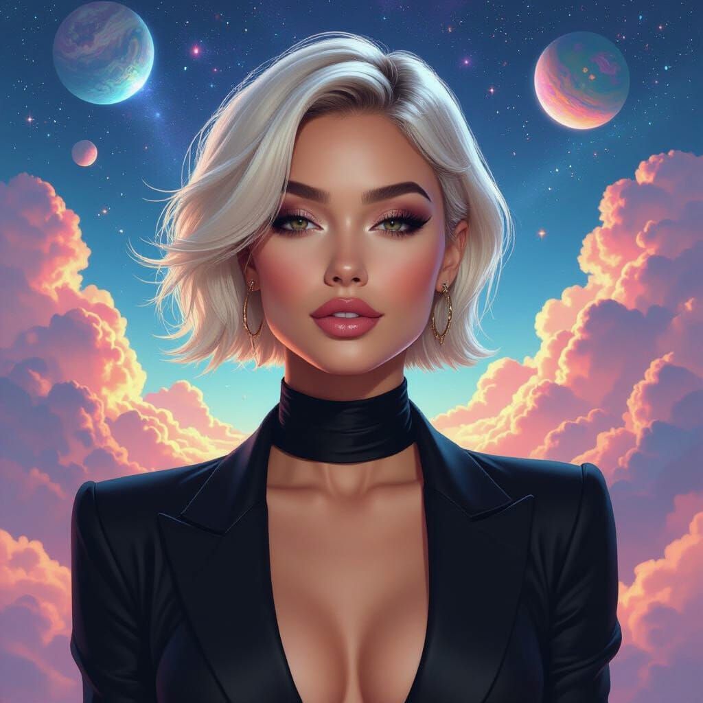 Cosmic Seduction: Platinum Blonde Supermodel Portrait