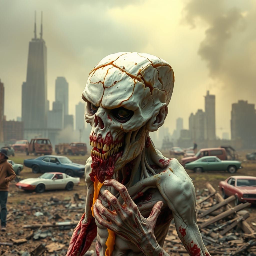 Grotesque Brie Zombie in Post-Apocalyptic Wasteland