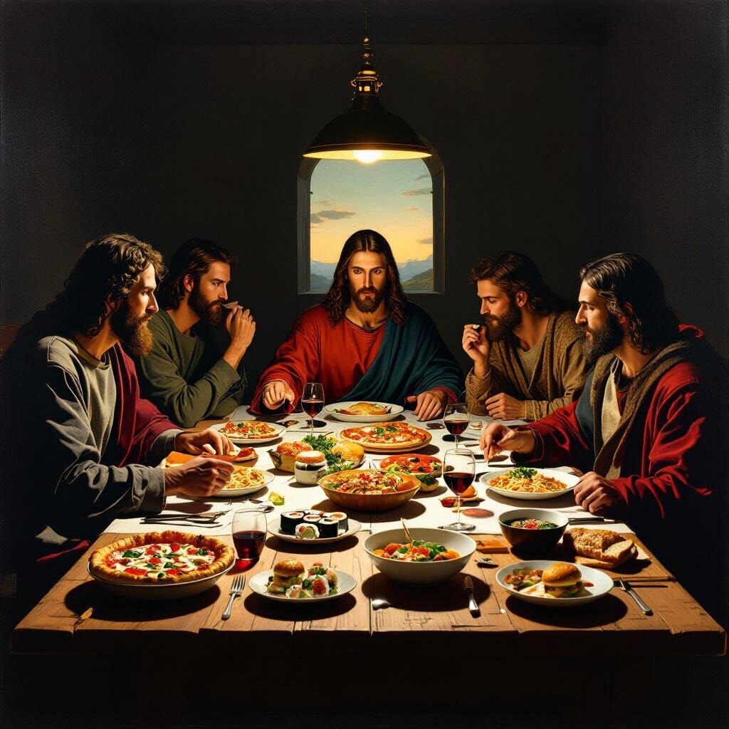 Modern Last Supper With Contemporary Food In Renaissance Sty...