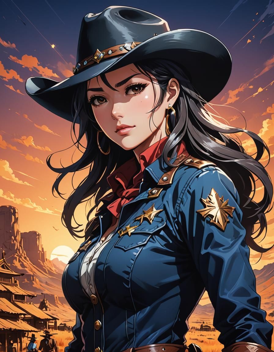 Anime Cowgirl in Cel-Shaded Manga Style