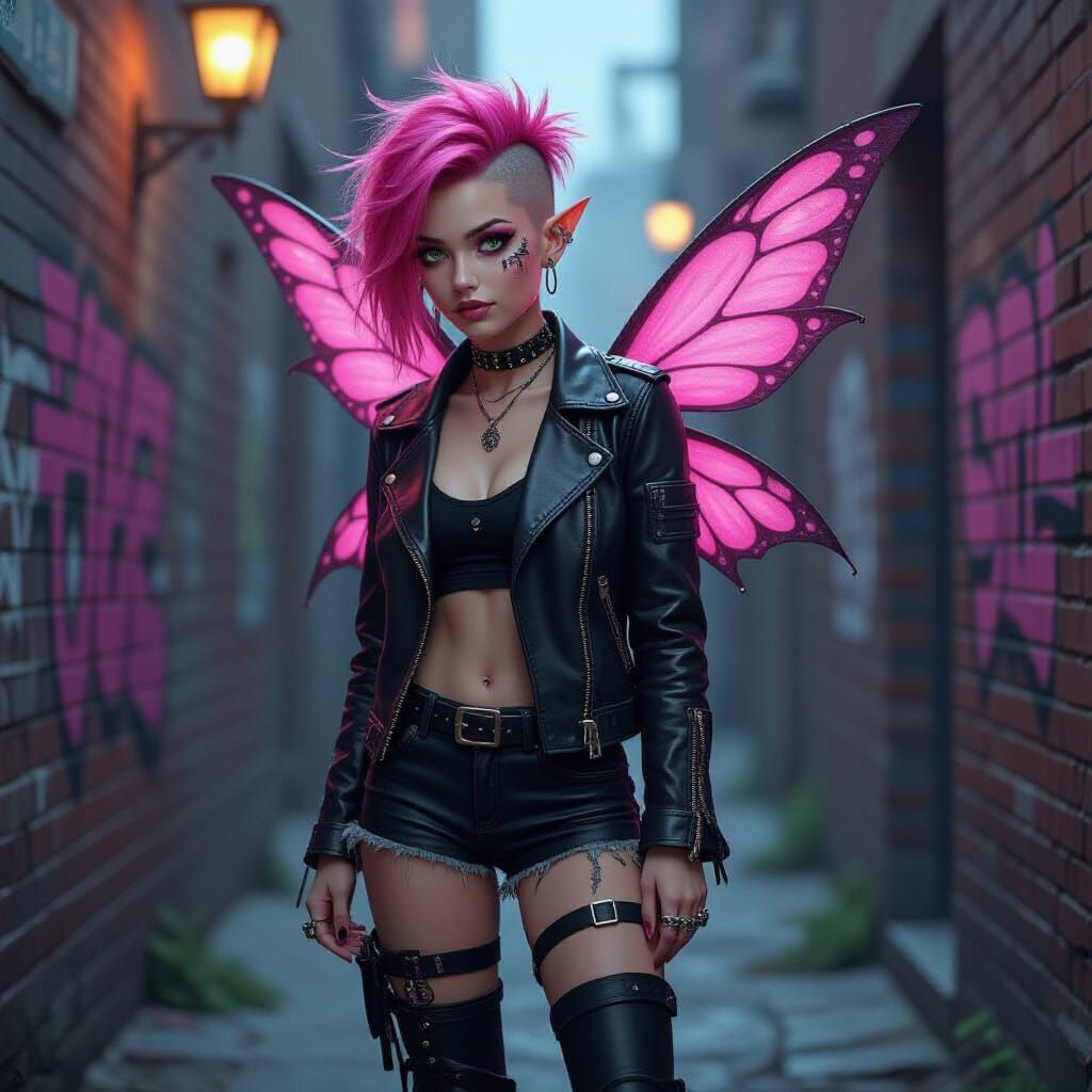 Punk Fairy in Alley as Cyberpunk Art