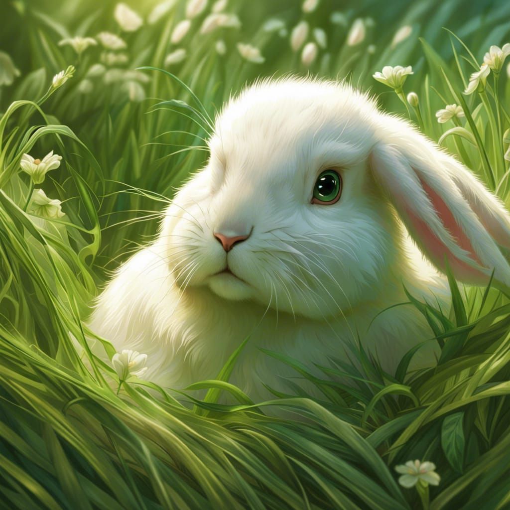 Cute White Bunny in Green Grass, Detailed Art