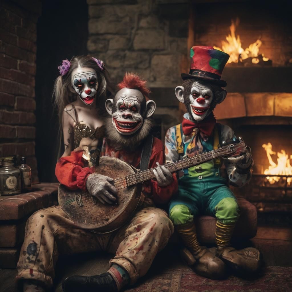 Zombie Monkey Clown Couple by Fireplace