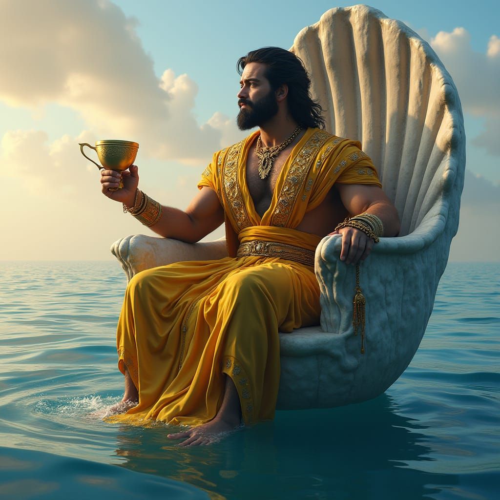 Majestic King on Seashell Throne in Fantasy Art Style