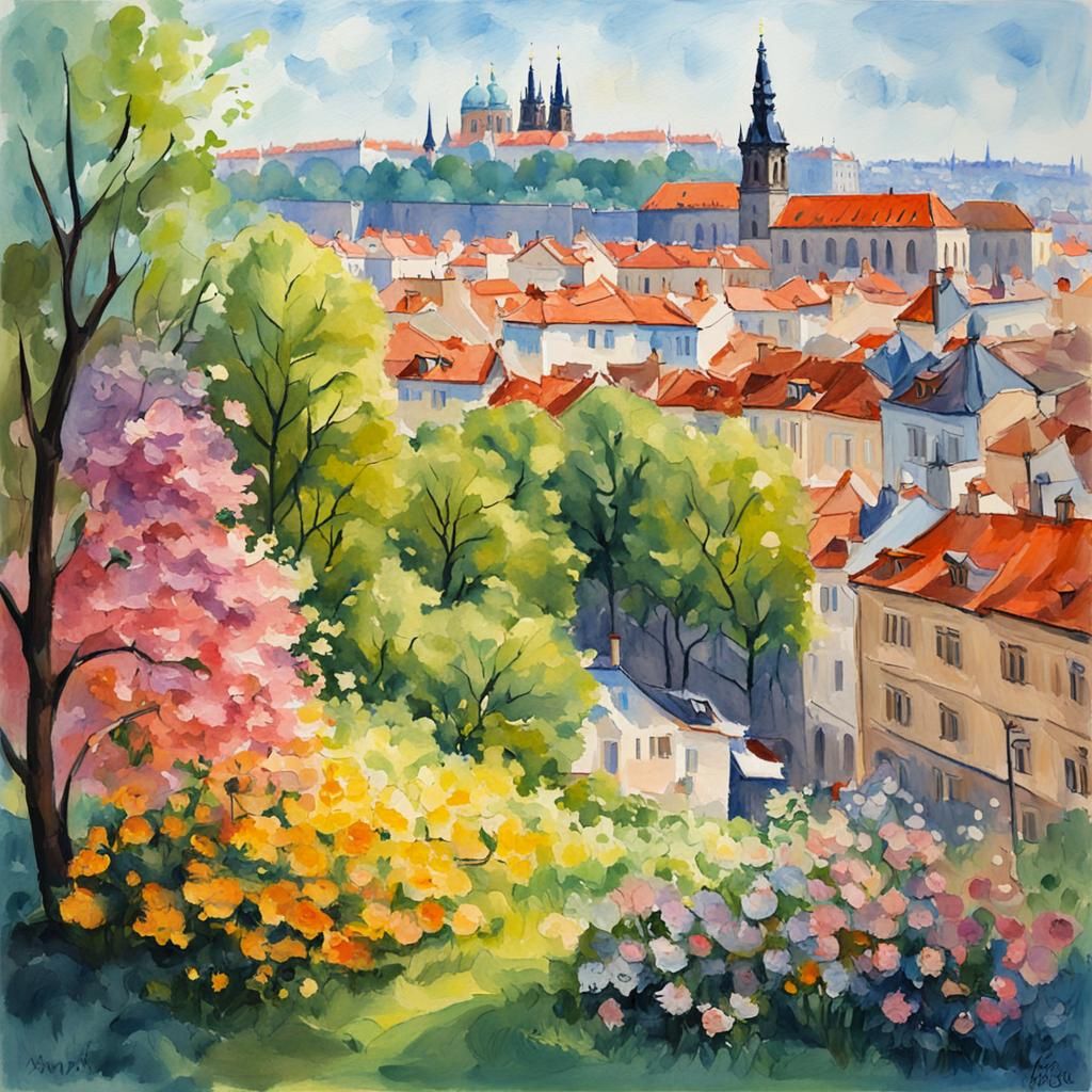 Prague in Spring: Impressionist Watercolor Gouache Painting