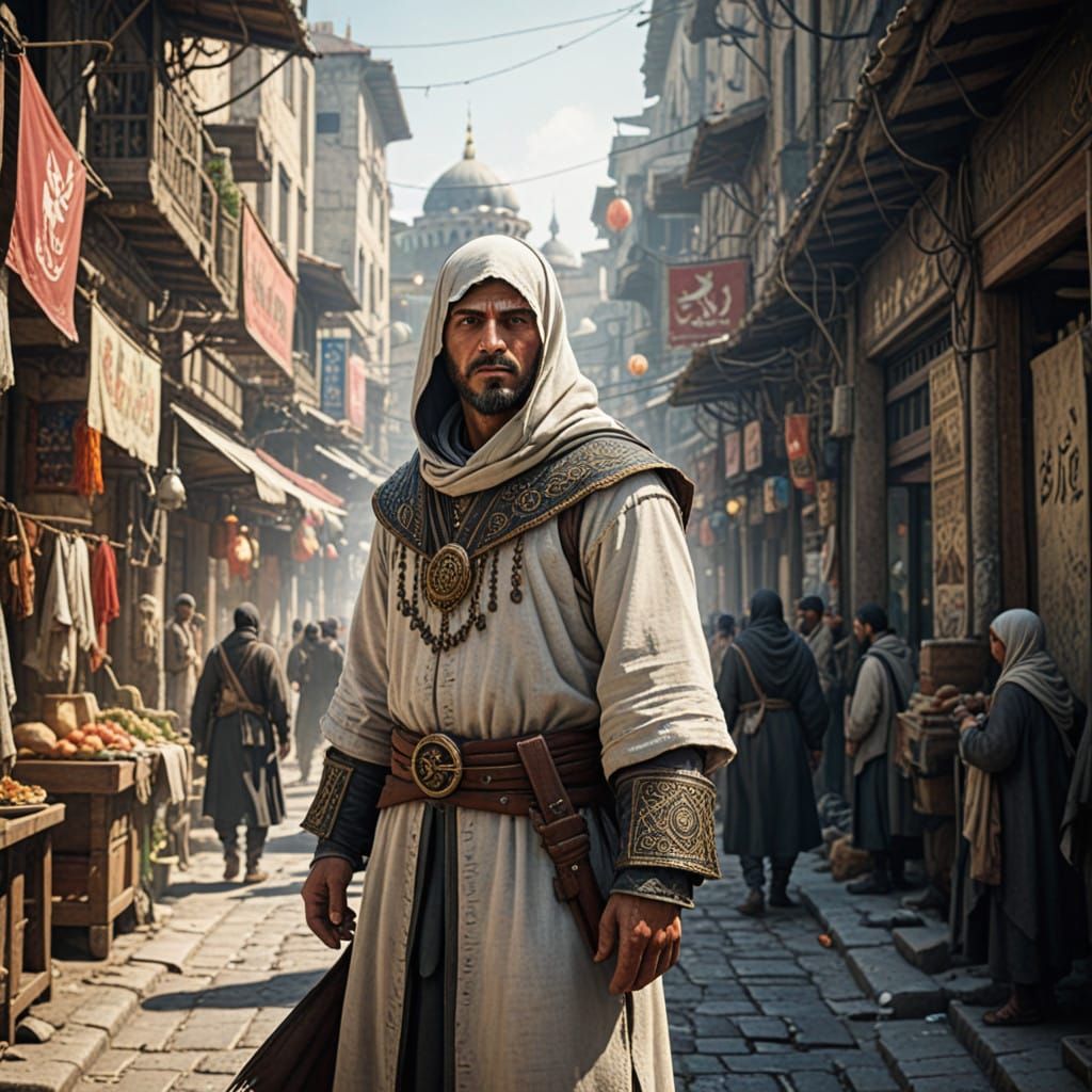 Turkish Warrior Amidst Vibrant Market Bustle