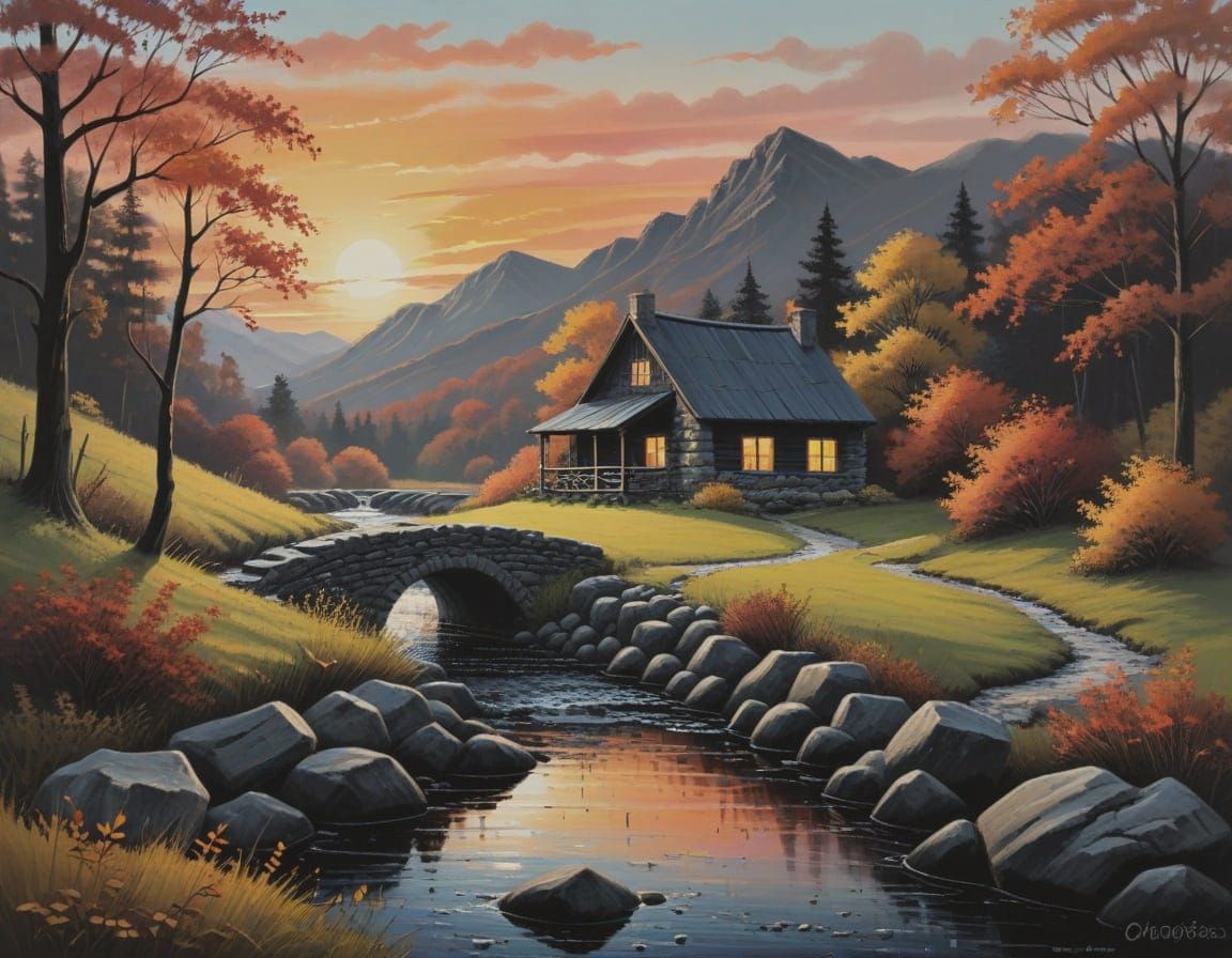 Autumn Landscape in Folk Art Impressionistic Style