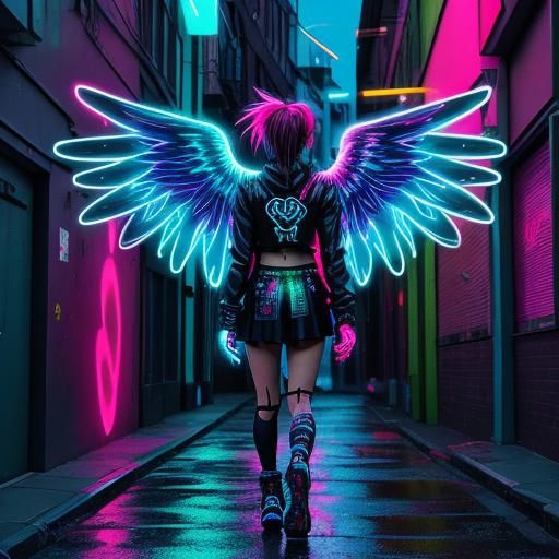 Neon Angel in Dark Alleyway Street Art