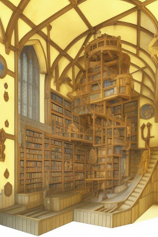 Medieval Castle Library of Knights, Ascending and Descending into Transverse Relativities of Realities; Surreal medieval...