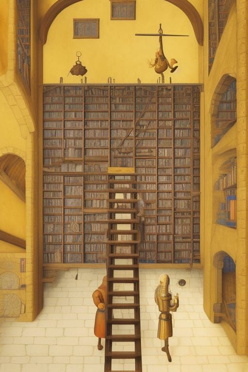 Medieval Castle Library of Knights, Ascending and Descending into Transverse Relativities of Realities; Surreal medieval...