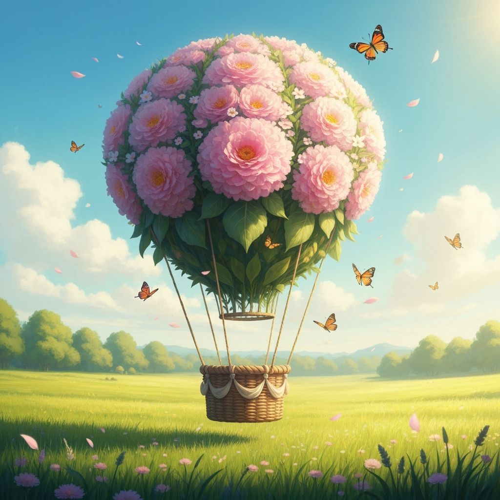 Floral Hot Air Balloon Over Summer Meadow, Impressionist Sty...